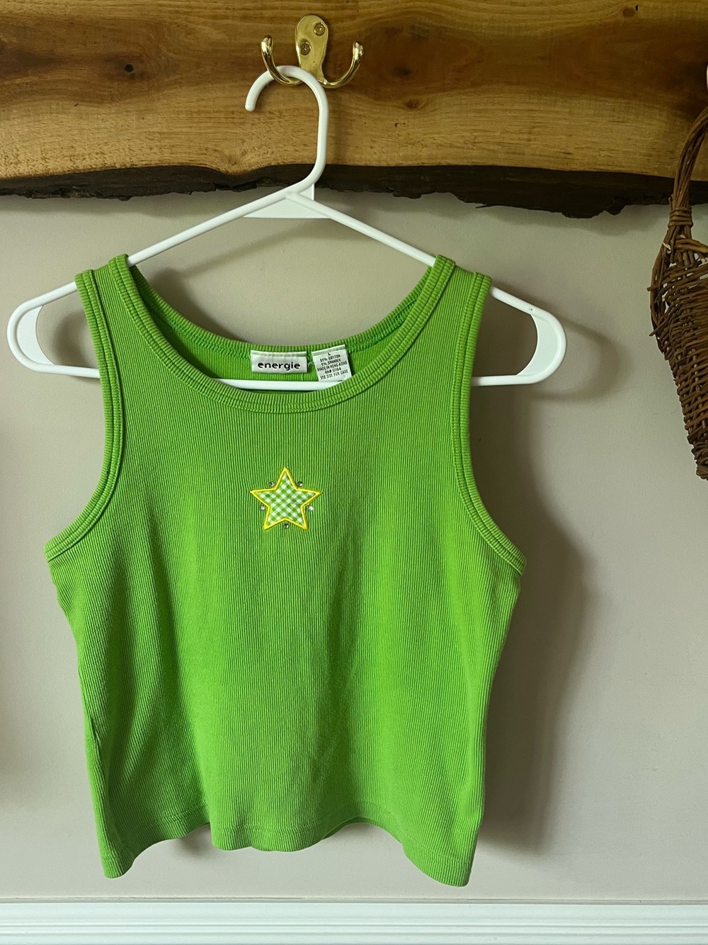 Y2K 90s Energie One Step Up Lime Green Star Gingham Cropped Crop Tank Top L